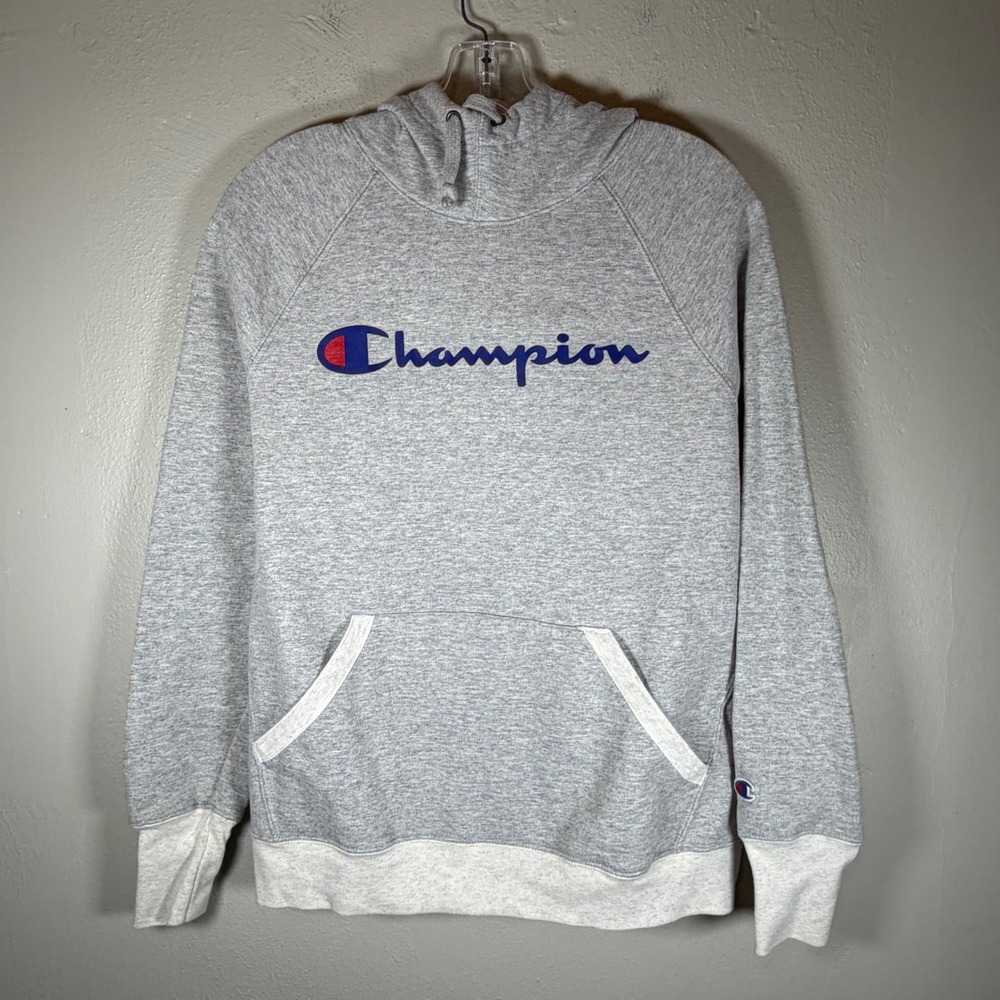 Champion Womens Heather‎ Gray Script Logo Raglan Pullover Hoodie Sweatshirt L